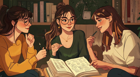Drei junge Frauen, die gemeinsam in einem Buchclub sind besprechen Buchclub Fragen zu dem Buch, das sie gerade gelesen haben.