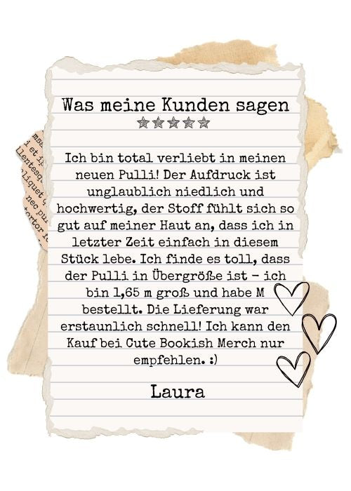 Bookish Fashion Kundenfeedback in Schreibmaschinenschrift auf einer Collage aus Papierschnipseln. Das Feedback ist äußerst positiv.