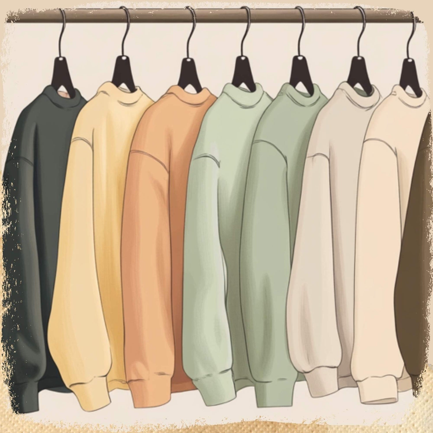 Buchige Mode in Form von Sweatshirts hängt auf Kleiderbügeln an einer Kleiderstange. Die Pullover sind im Retrolook gezeichnet.